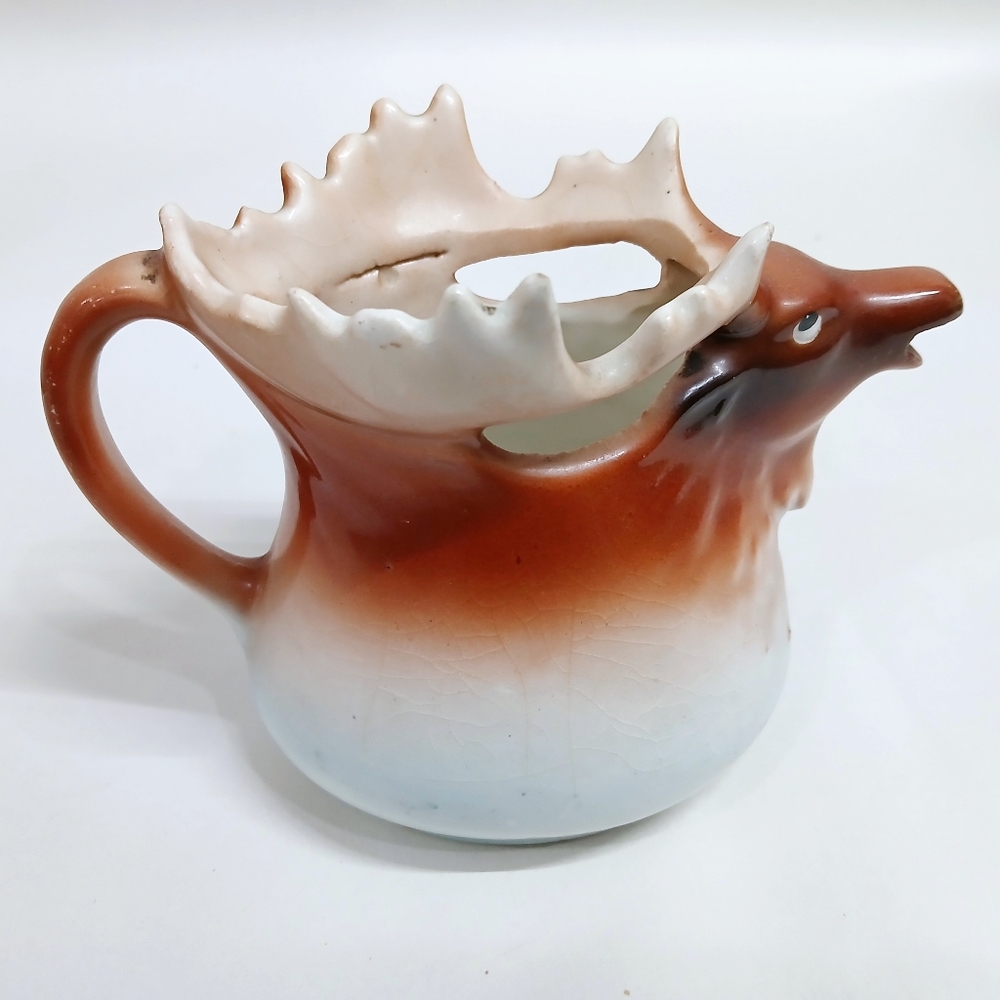 Vintage Rustic Brown and White Moose Ceramic Creamer